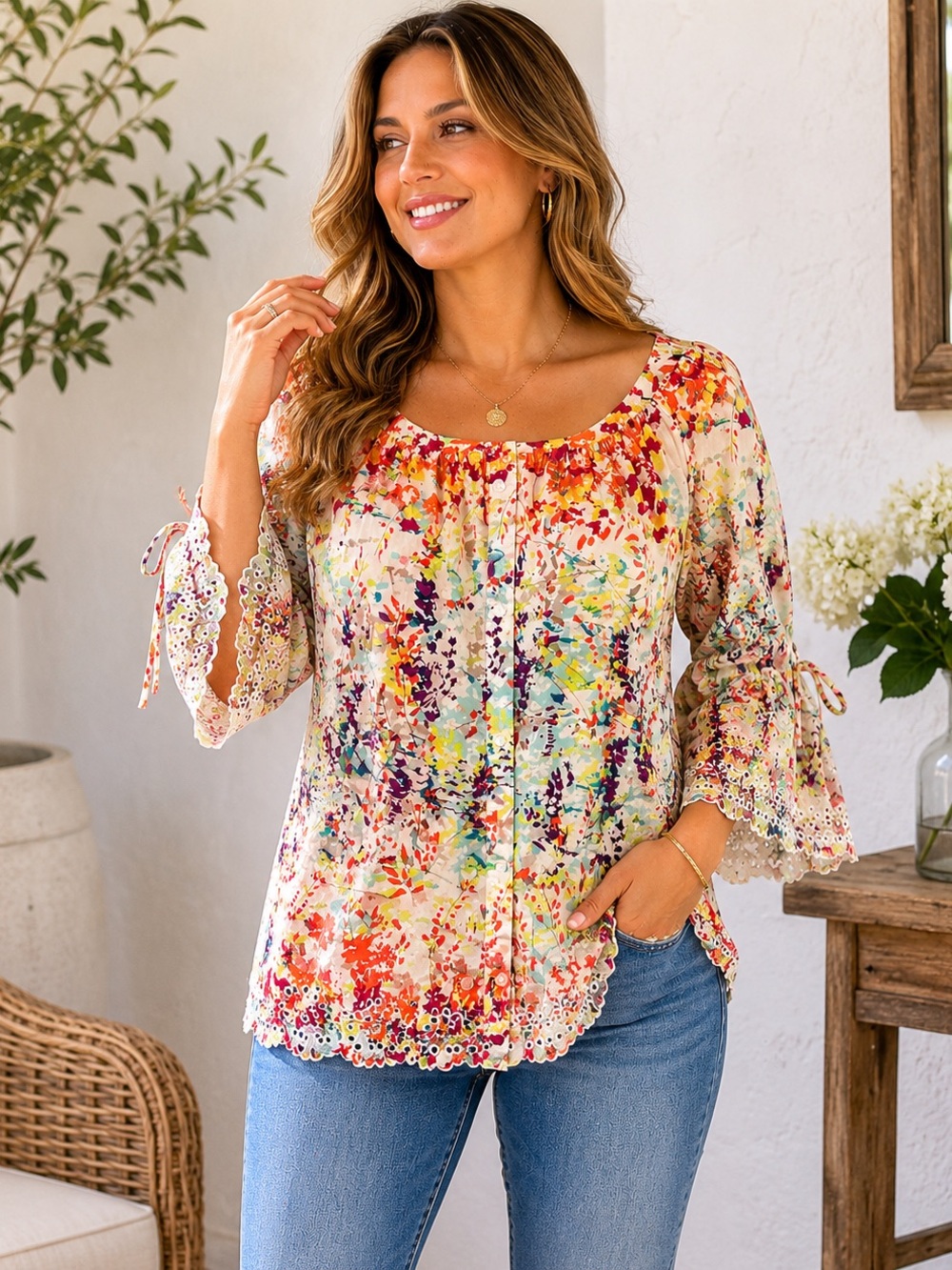 Westbound Floral Peasant Blouse XL Boho Cottagecore Eyelet Trim Top A19